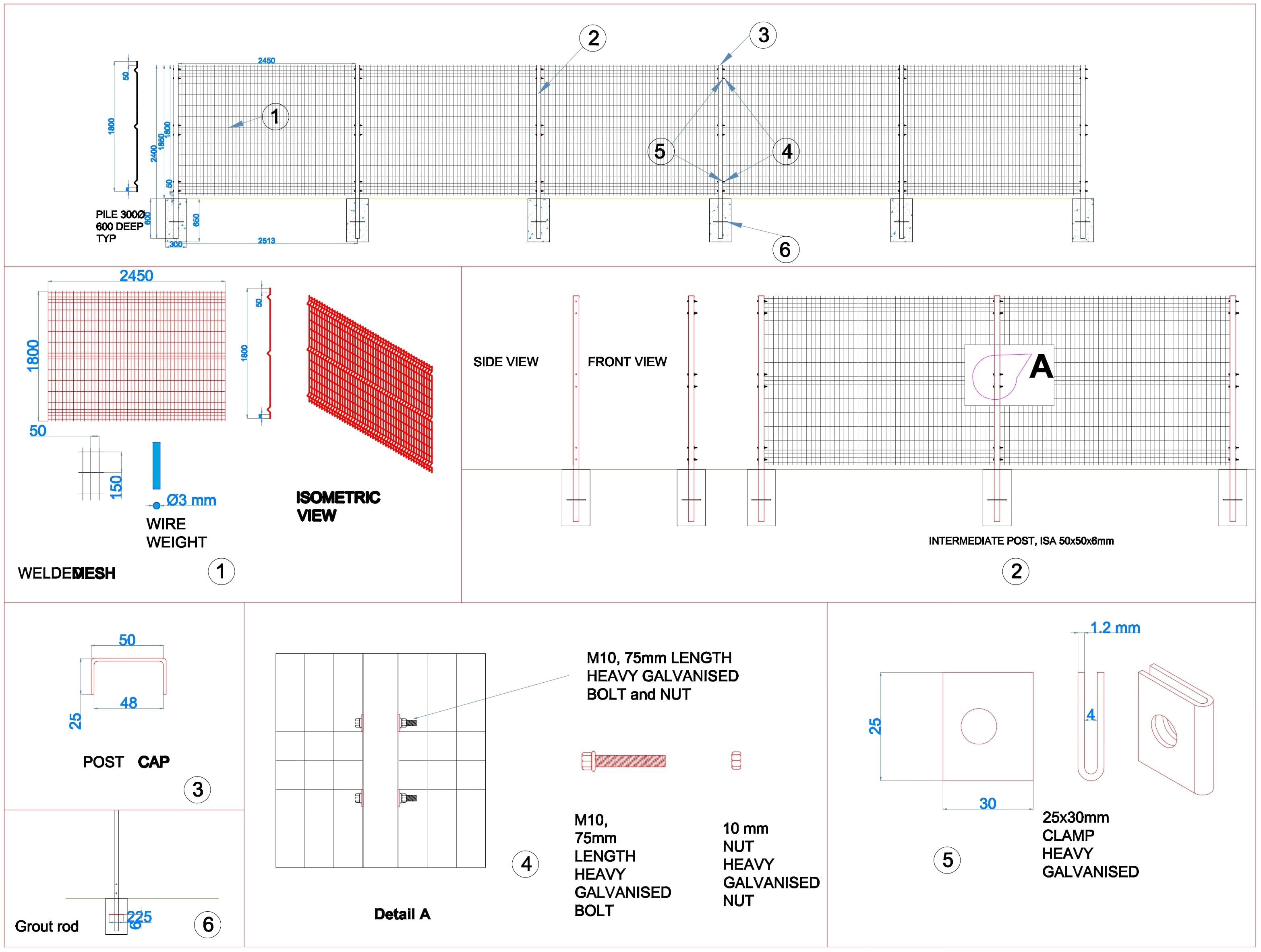 6 Feet galvanized welded mesh fence with steel posts.