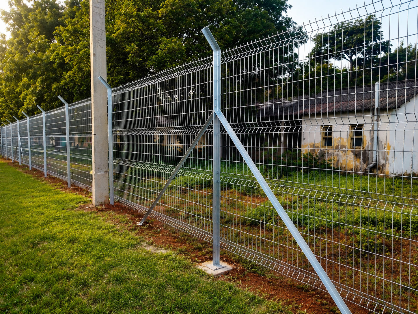 Galvanized 3D welded mesh security fence with reinforced strut supports and angled security extensions installed for industrial perimeter protection.