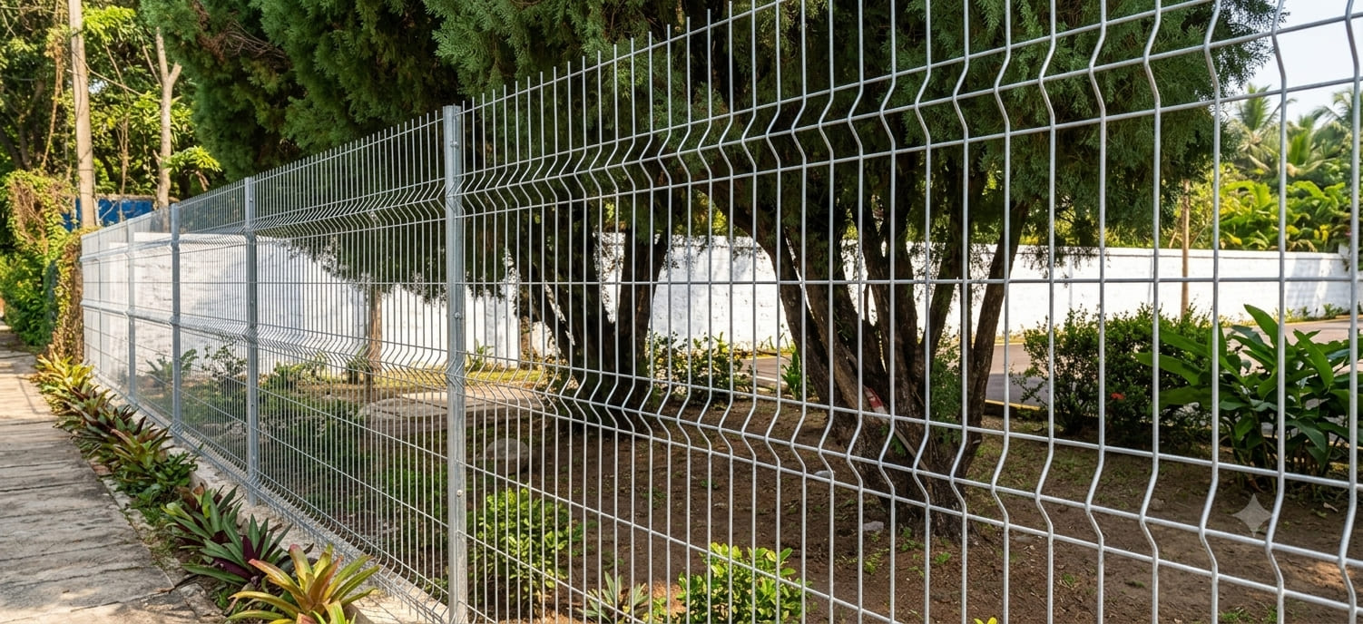 Galvanized 3D welded mesh boundary fence installed around a landscaped property for secure perimeter protection and modern aesthetics.
