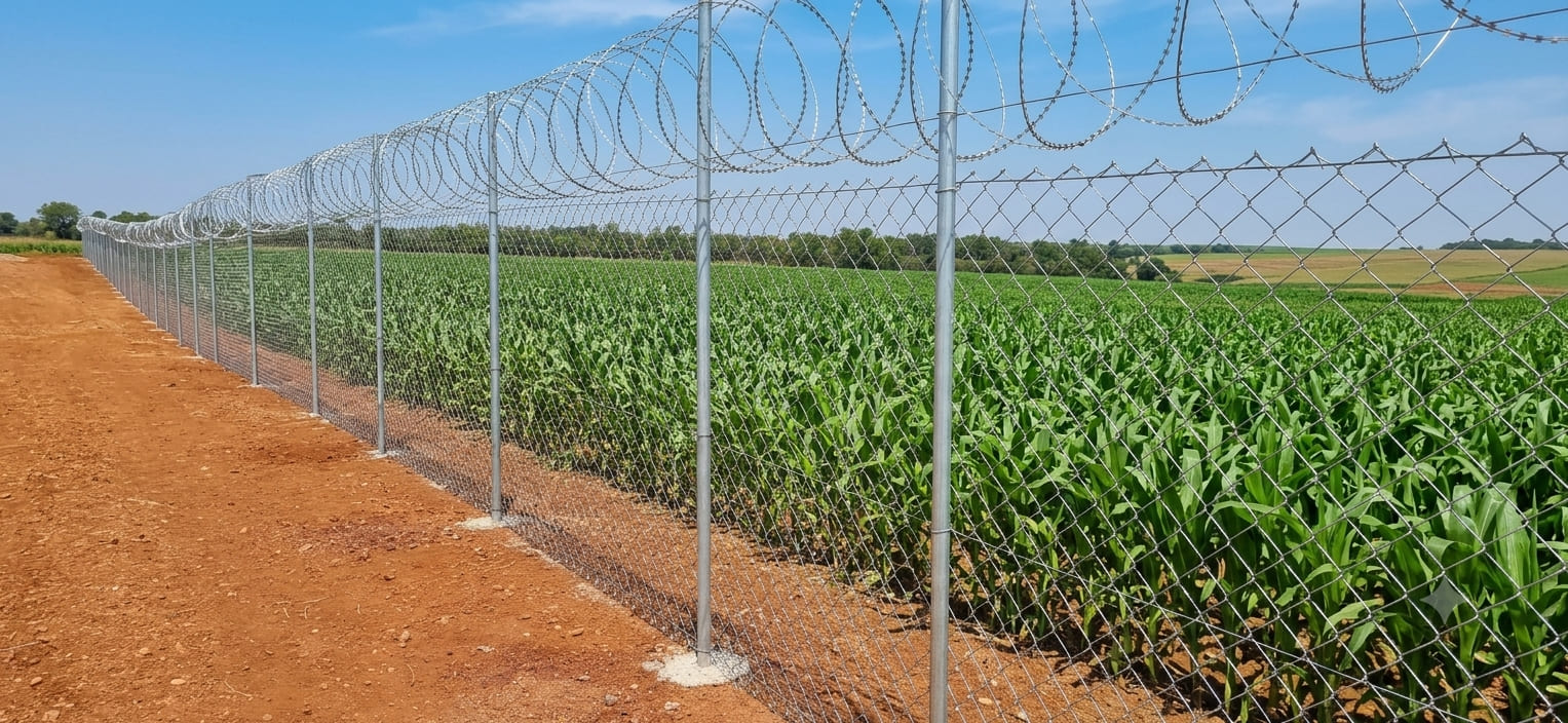 Galvanized chain link fence with concertina coil installed to secure agricultural land and protect the farm perimeter.