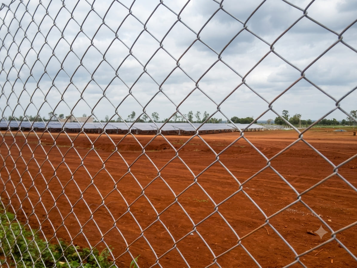 Galvanized chain link fence enclosing a utility-scale solar power plant with solar panel arrays in the background.