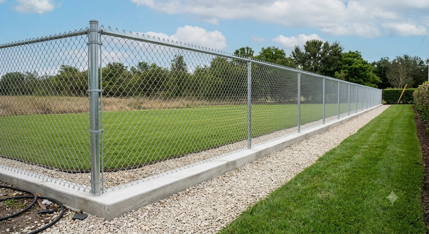Galvanized chain link fence with top rail installed on a concrete plinth for secure residential and commercial perimeter protection.