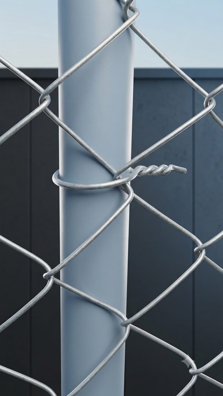 Close-up of galvanized Twist tie fastening chain link mesh securely to a galvanized steel fence post.