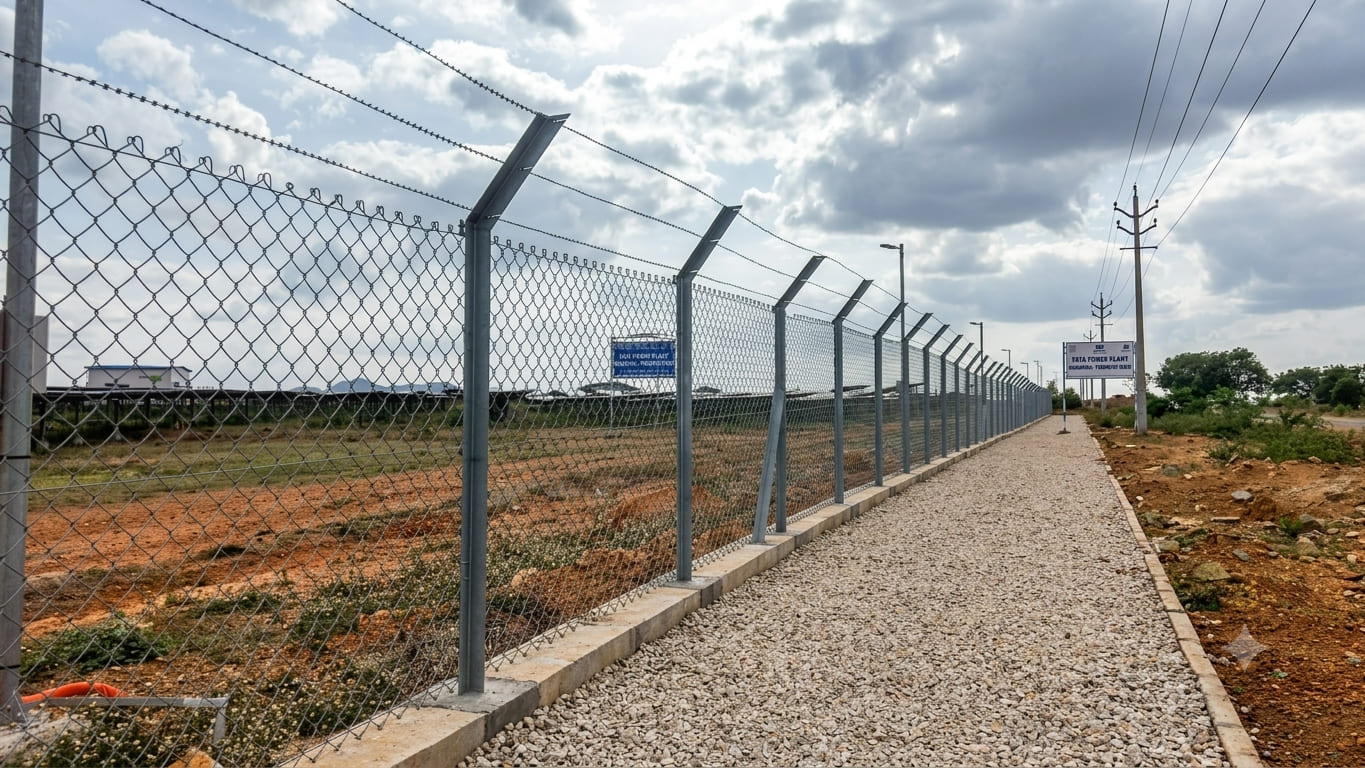 Galvanized chain link fence with straight razor barbed tape installed above the fence for high-security industrial perimeter protection.