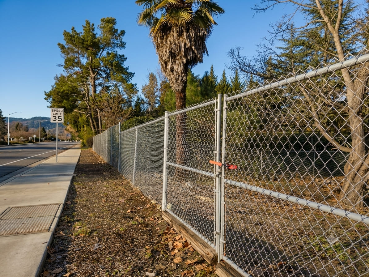 Galvanized chain link perimeter fence with pedestrian access gate installed for secure residential and commercial property protection.