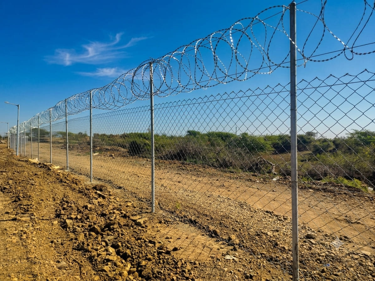 Galvanized chain link fence with concertina coil installed to secure an industrial site and protect the perimeter against unauthorized access.