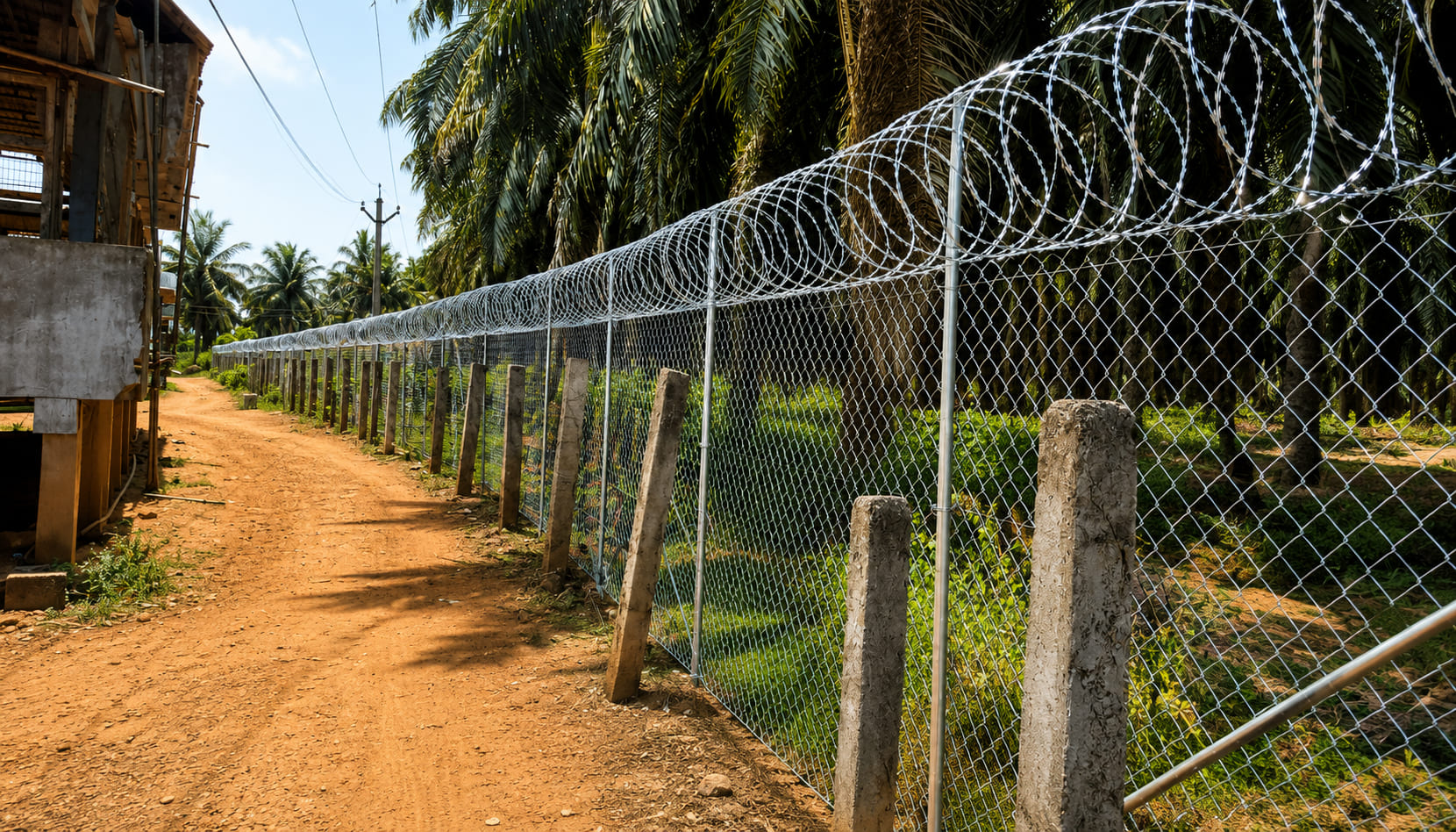 Galvanized chain link fence with concertina coil installed around a poultry farm for enhanced perimeter security and long-lasting protection.