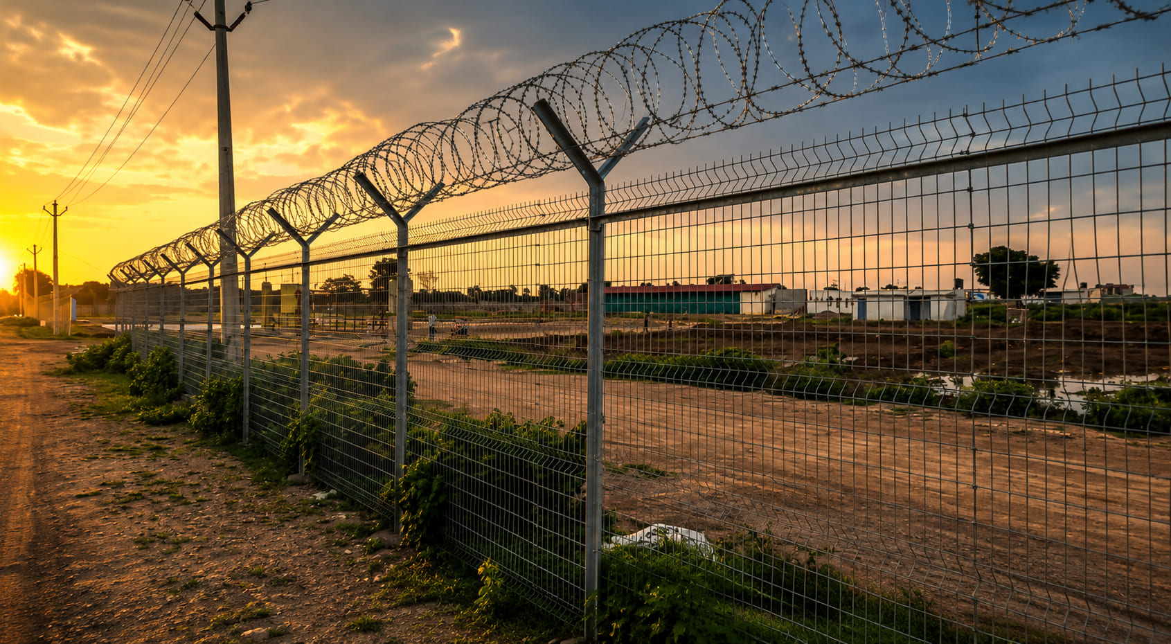 High-security galvanized welded mesh fence with concertina coil installed for industrial perimeter security at sunset.