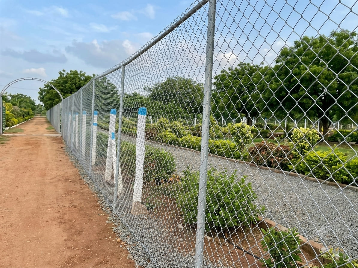 Galvanized chain link fence installed around a landscaped property for secure perimeter fencing and long-lasting boundary protection.