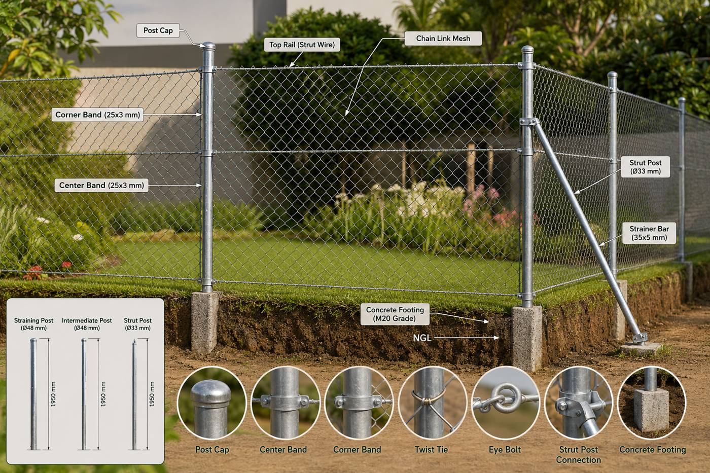 4 Feet Chain Link Garden Fence with Galvanized Steel Posts for Garden and Landscape Boundary Fencing